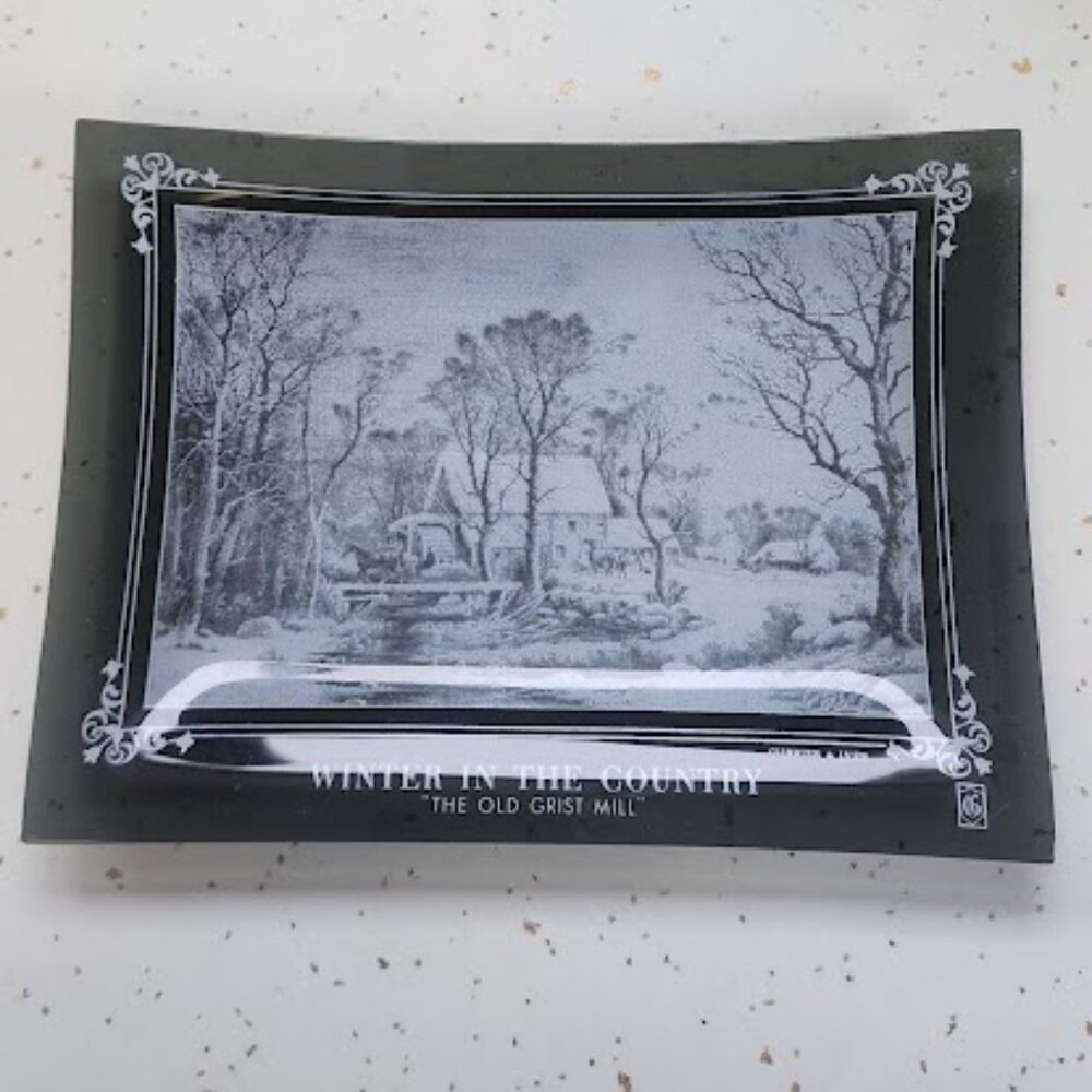 Vintage House Glass Currier & Ives Ash Tray or Trinket Box Winter in the Country